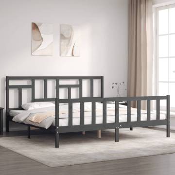 Stylish Grey Bed Frame with Headboard - 200x200 cm Solid Wood