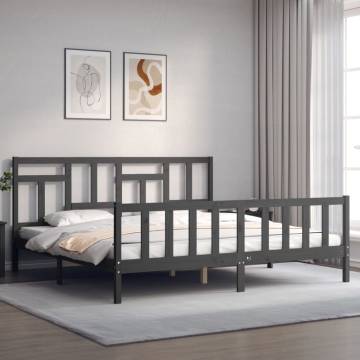 Stylish Grey Bed Frame with Headboard - 200x200 cm Solid Wood