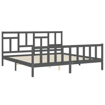 Stylish Grey Bed Frame with Headboard - 200x200 cm Solid Wood