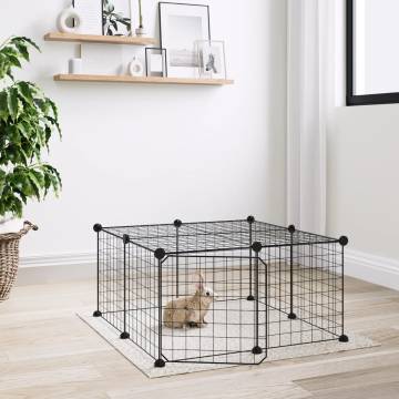 12-Panel Pet Cage with Door - Black Steel 35x35 cm | HipoMarket