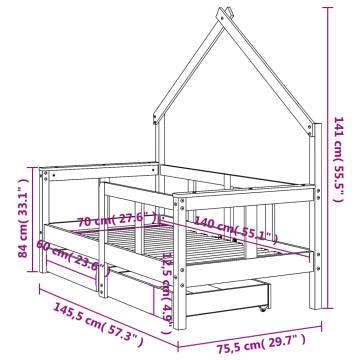 Kids Bed Frame with Drawers - Solid Pine White 70x140 cm