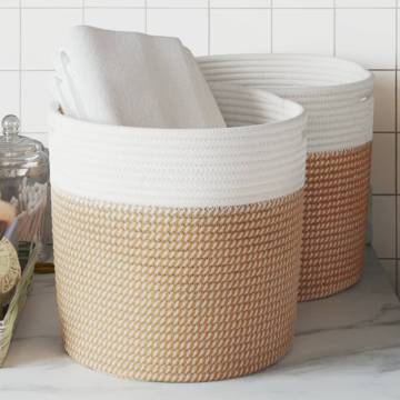 Stylish 2 pcs Brown & White Cotton Storage Baskets Ø28 cm