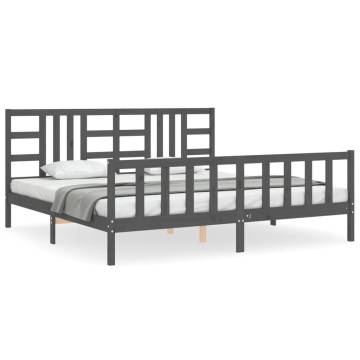 Grey Bed Frame with Headboard - Solid Wood 200x200 cm