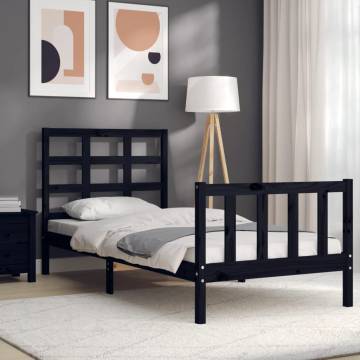 Black Bed Frame with Headboard - 100x200 cm Solid Wood