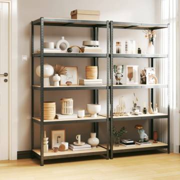 5-Layer Heavy-Duty Shelves - 2 pcs Grey Steel & Engineered Wood