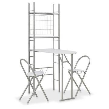 3 Piece Folding Dining Set with Storage Rack - White MDF & Steel