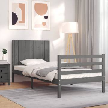 Grey Solid Wood Bed Frame with Headboard 90x200 cm