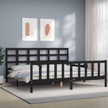 Sturdy Black Bed Frame with Headboard | 200x200 cm Solid Wood