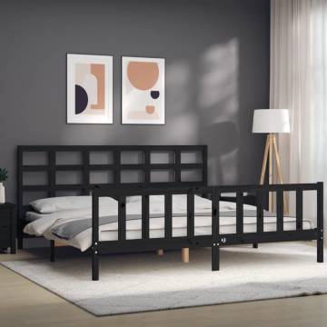 Sturdy Black Bed Frame with Headboard | 200x200 cm Solid Wood