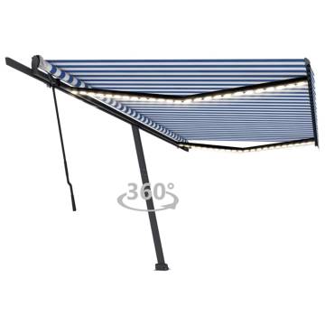 Manual Retractable Awning with LED – Blue & White 500x300 cm