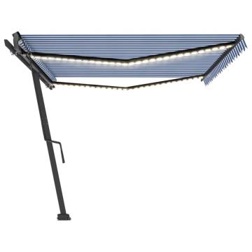 Manual Retractable Awning with LED – Blue & White 500x300 cm