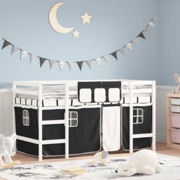 Kids' Loft Bed with Curtains White & Black - Solid Pine Wood