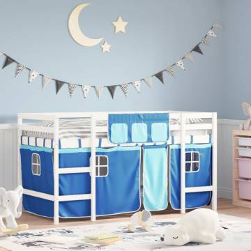 Kids' Loft Bed with Blue Curtains - Solid Pine Wood 80x200cm