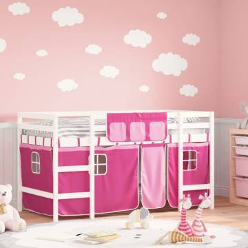 Kids' Loft Bed with Curtains Pink - Solid Pine 90x190cm