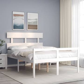 White Small Double Bed Frame with Headboard - Solid Pine Wood