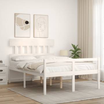 White Bed Frame with Headboard 140x190 cm - Solid Wood