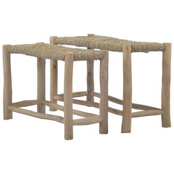 Rustic Brown Seagrass Benches – 2 Pcs | Stylish Teak Furniture