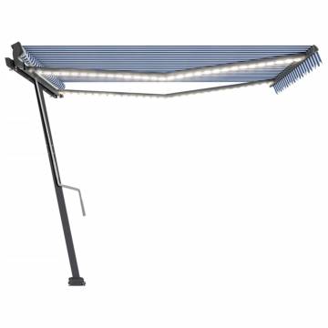 Manual Retractable Awning with LED - 400x300 cm Blue & White