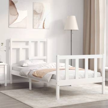 White Small Single Bed Frame with Headboard | Solid Wood