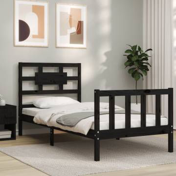 Black Single Bed Frame with Headboard - Solid Pine Wood