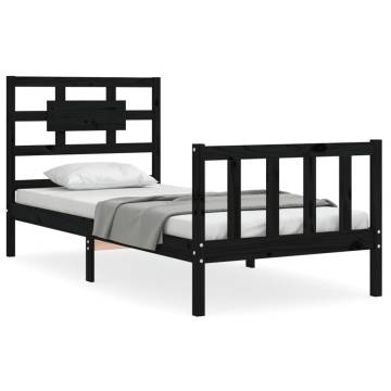 Black Single Bed Frame with Headboard - Solid Pine Wood