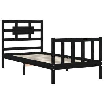 Black Single Bed Frame with Headboard - Solid Pine Wood