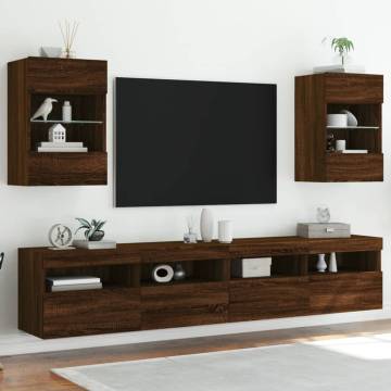 Brown Oak TV Wall Cabinets with LED Lights - Set of 2