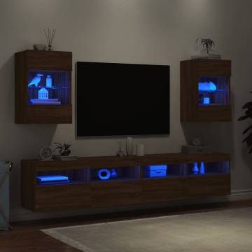 Brown Oak TV Wall Cabinets with LED Lights - Set of 2