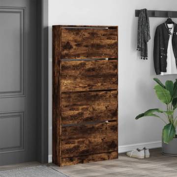 Shoe Cabinet with 4 Flip-Drawers in Smoked Oak - Stylish Storage