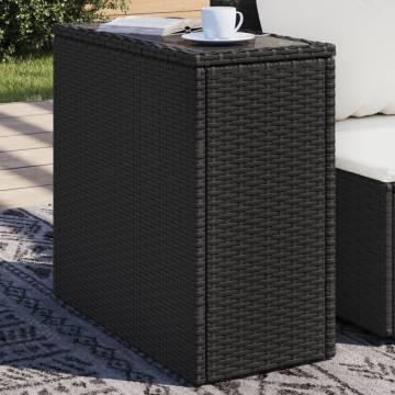 Garden Side Table with Glass Top - Poly Rattan Black