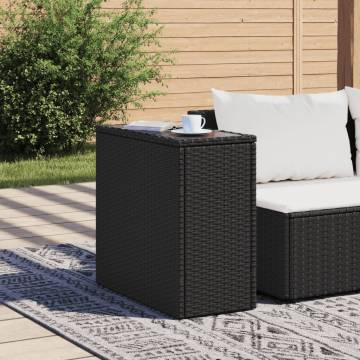 Garden Side Table with Glass Top - Poly Rattan Black