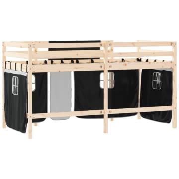 Kids' Loft Bed with Curtains - White & Black 90x190cm Pine