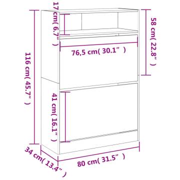 Shoe Cabinet with 2 Flip-Drawers - Smoked Oak 80x34x116 cm