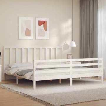 White Super King Size Bed Frame with Headboard - Solid Wood