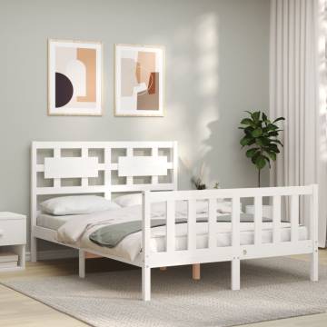 White Small Double Bed Frame with Headboard - Solid Wood