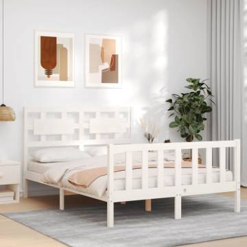 White Small Double Bed Frame with Headboard - Solid Wood