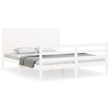 White King Size Bed Frame with Headboard - Solid Pine Wood