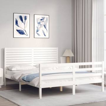 White King Size Bed Frame with Headboard - Solid Pine Wood