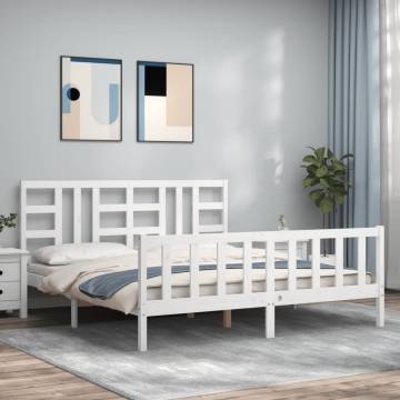 White Super King Bed Frame with Headboard - Solid Wood 180x200 cm