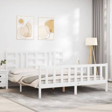 White Super King Bed Frame with Headboard - Solid Wood 180x200 cm