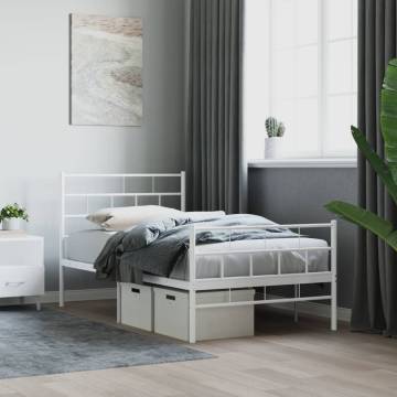 White Metal Bed Frame with Headboard & Footboard - 100x190 cm