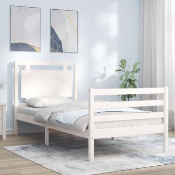 White Single Bed Frame with Headboard - Solid Pine Wood