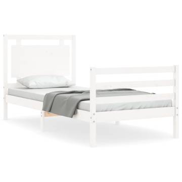 White Single Bed Frame with Headboard - Solid Pine Wood