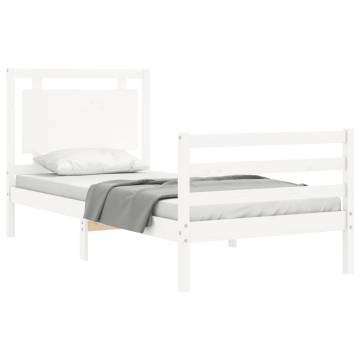 White Single Bed Frame with Headboard - Solid Pine Wood