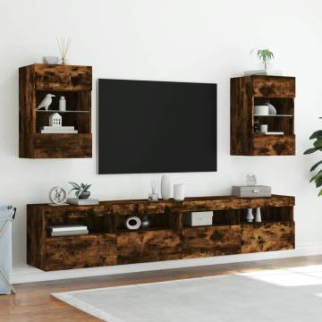 Smoked Oak TV Wall Cabinets with LED Lights - 2 pcs