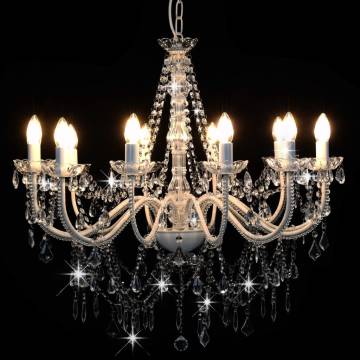 Elegant White Chandelier with Beads - 12 x E14 Bulbs