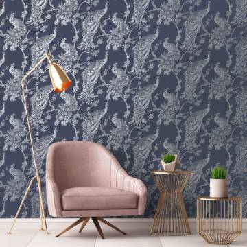 DUTCH WALLCOVERINGS Peacock Wallpaper - Navy Blue & Silver