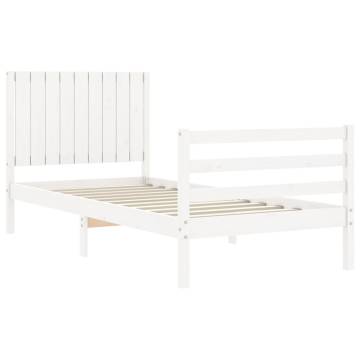 White Single Bed Frame with Headboard | Solid Pine Wood