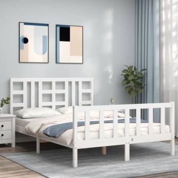 White Double Bed Frame with Headboard - Solid Pine Wood