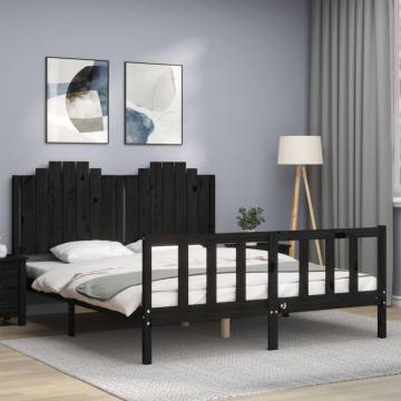 Stylish Black King Size Bed Frame with Headboard - Solid Wood